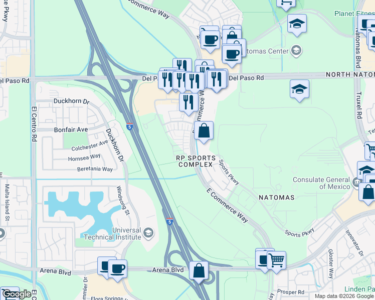 map of restaurants, bars, coffee shops, grocery stores, and more near 4371 Garonne Walk in Sacramento