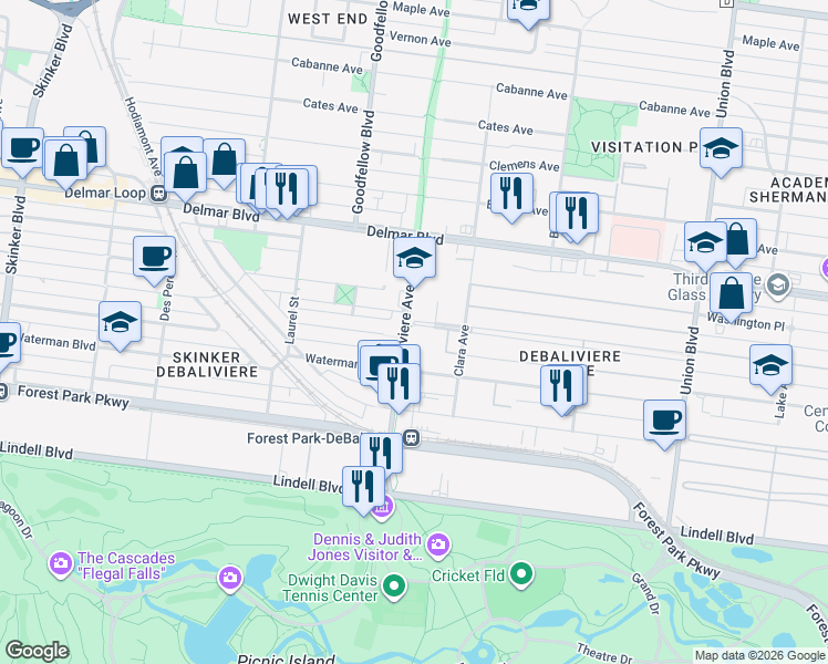 map of restaurants, bars, coffee shops, grocery stores, and more near 5706 McPherson Avenue in St. Louis