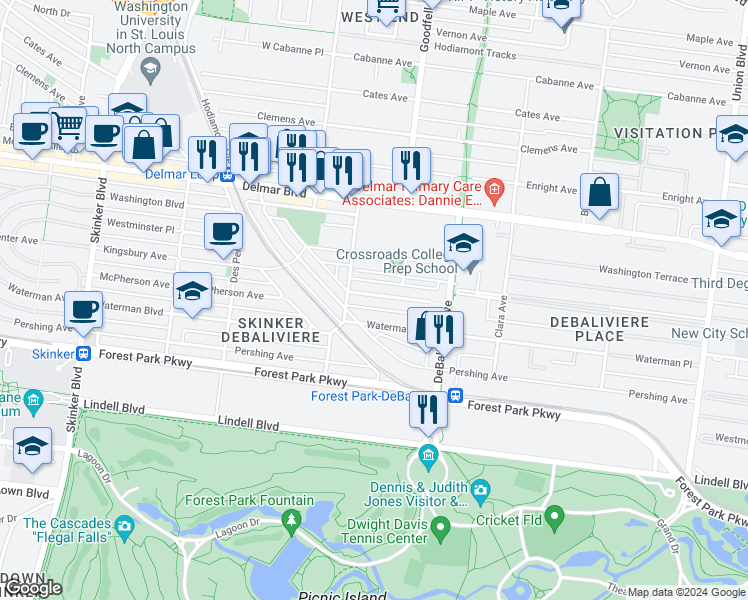 map of restaurants, bars, coffee shops, grocery stores, and more near 5779 Waterman Boulevard in St. Louis