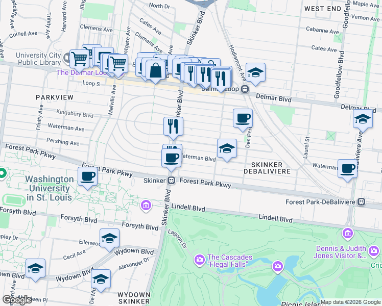 map of restaurants, bars, coffee shops, grocery stores, and more near 6146 Waterman Boulevard in St. Louis