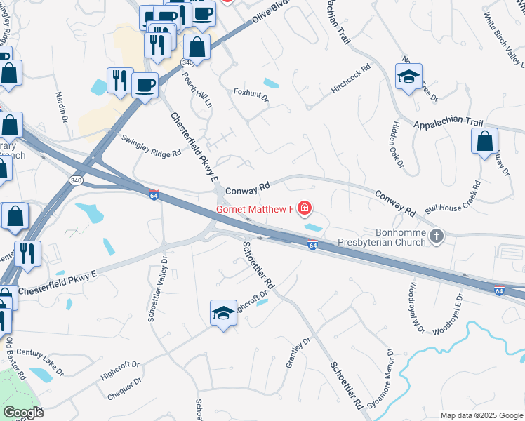 map of restaurants, bars, coffee shops, grocery stores, and more near 14855 North Outer 40 Road in Chesterfield