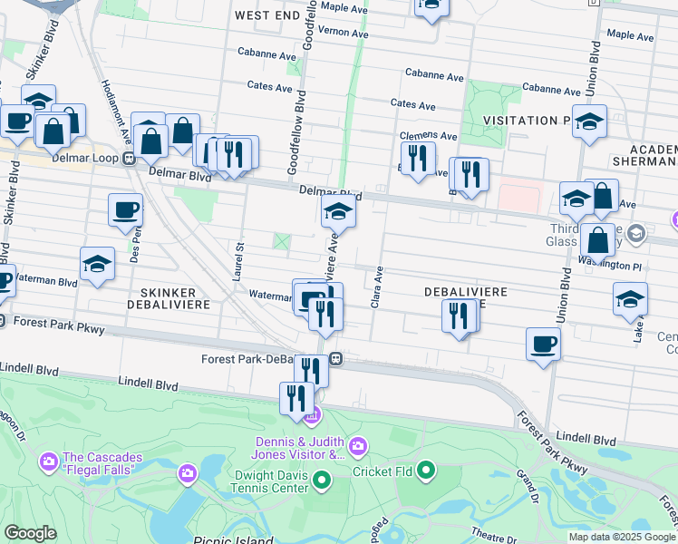 map of restaurants, bars, coffee shops, grocery stores, and more near 5706 McPherson Avenue in St. Louis
