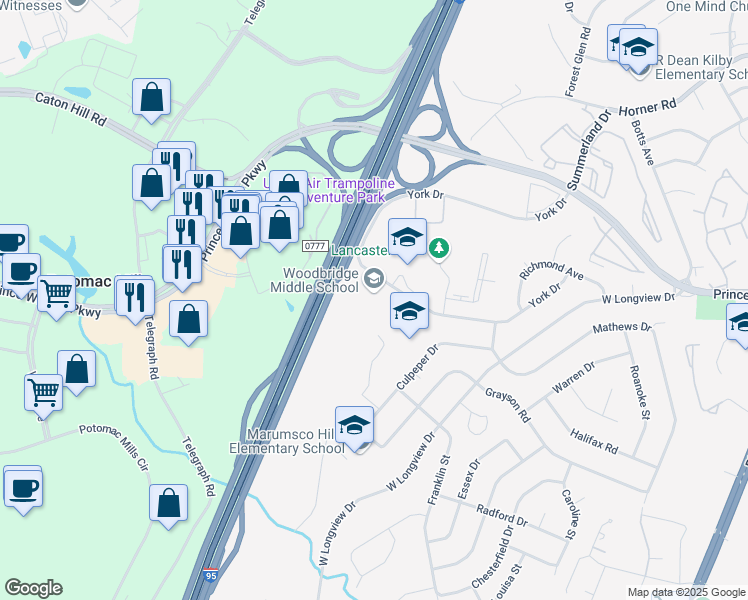 map of restaurants, bars, coffee shops, grocery stores, and more near 2201 York Drive in Woodbridge