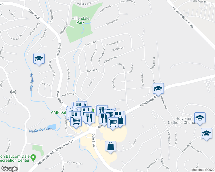 map of restaurants, bars, coffee shops, grocery stores, and more near 14000 Golden Court in Woodbridge