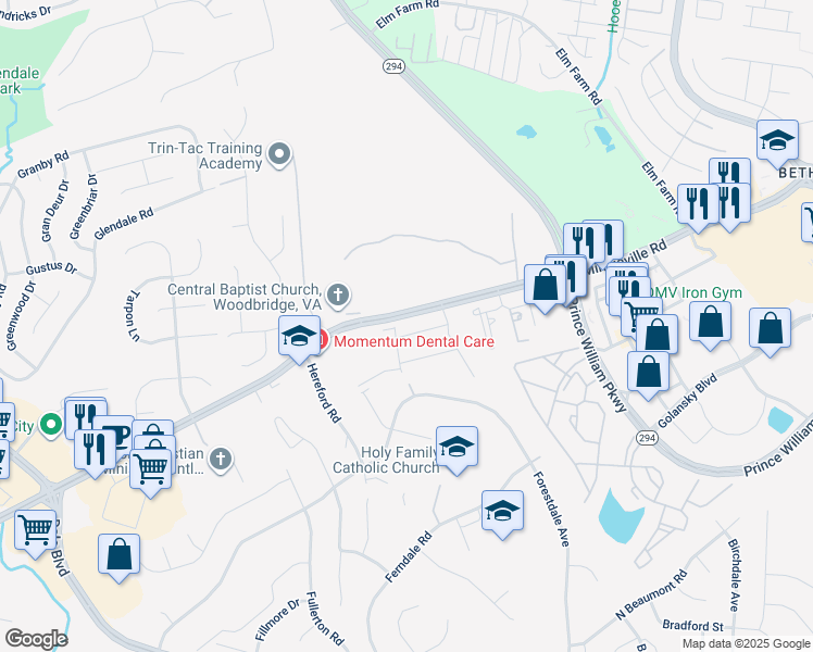 map of restaurants, bars, coffee shops, grocery stores, and more near 3720 Havertill Lane in Woodbridge