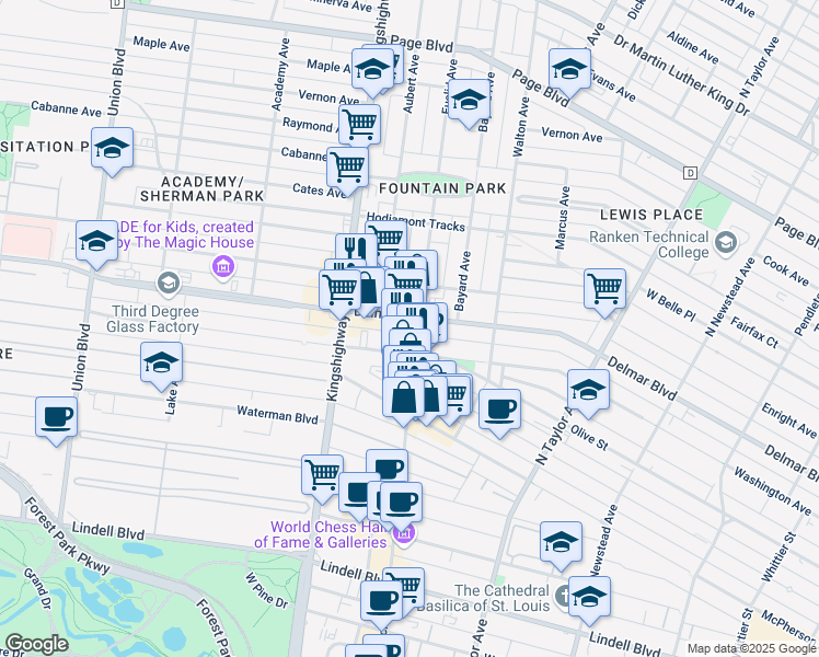 map of restaurants, bars, coffee shops, grocery stores, and more near 4901 Washington Boulevard in St. Louis