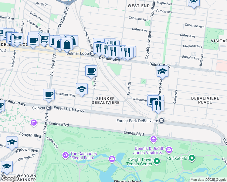 map of restaurants, bars, coffee shops, grocery stores, and more near 5837 Nina Place in St. Louis