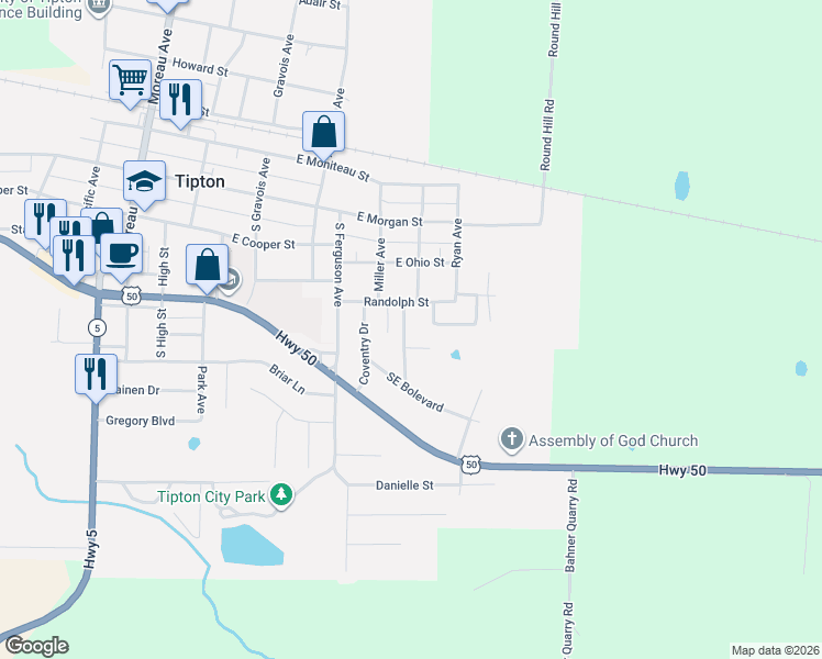 map of restaurants, bars, coffee shops, grocery stores, and more near 515 Merry Dale Drive in Tipton