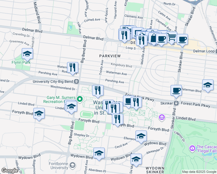 map of restaurants, bars, coffee shops, grocery stores, and more near University Drive in St. Louis