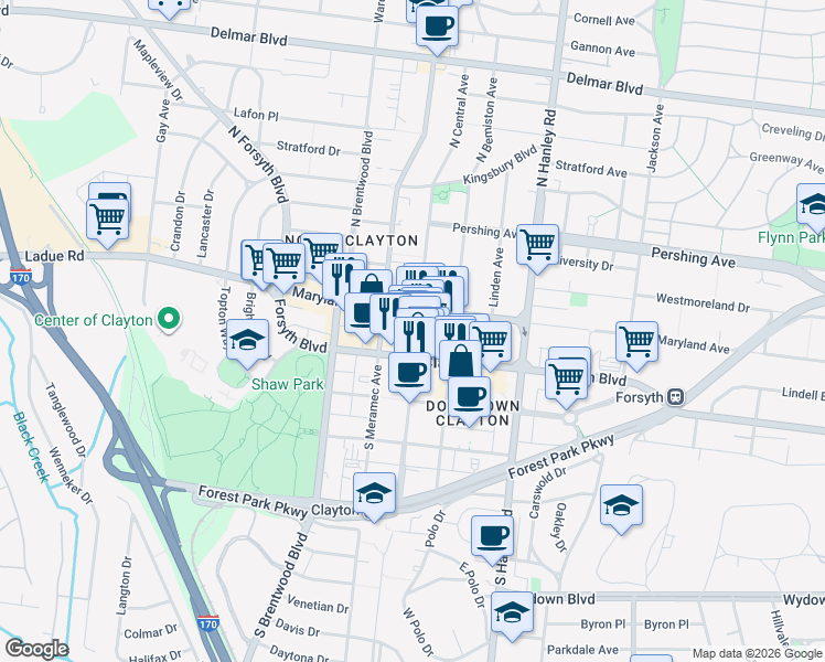 map of restaurants, bars, coffee shops, grocery stores, and more near 7923 Forsyth Boulevard in Clayton