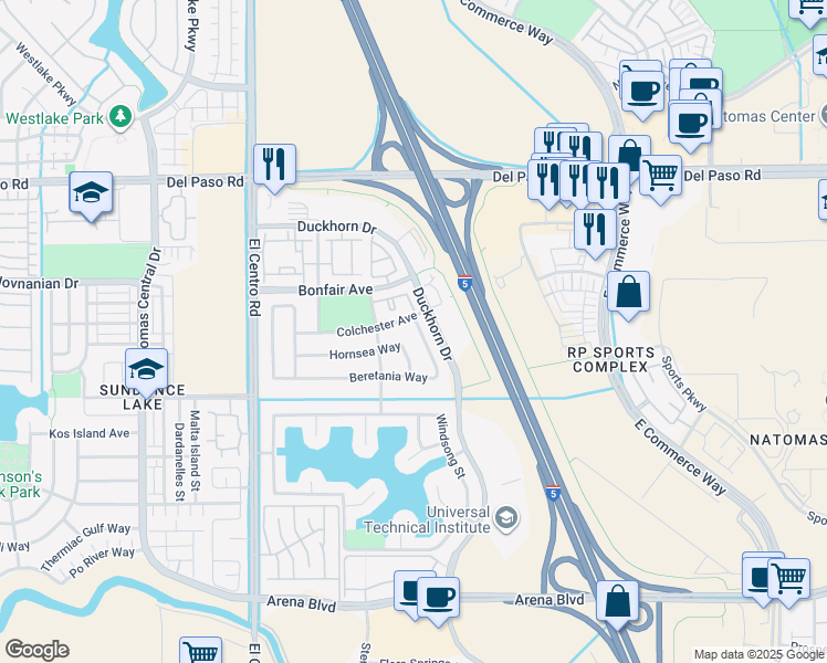 map of restaurants, bars, coffee shops, grocery stores, and more near 3221 Beretania Way in Sacramento
