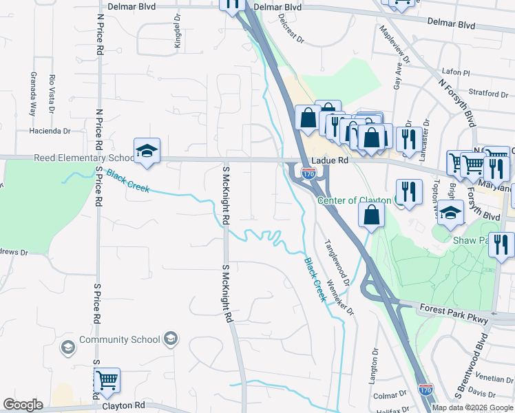 map of restaurants, bars, coffee shops, grocery stores, and more near 22 Berkley Lane in St. Louis