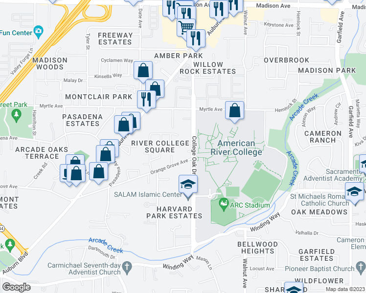 map of restaurants, bars, coffee shops, grocery stores, and more near 4835 Orange Grove Avenue in Sacramento