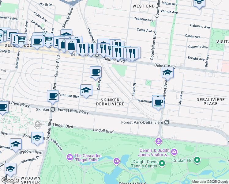 map of restaurants, bars, coffee shops, grocery stores, and more near in St. Louis