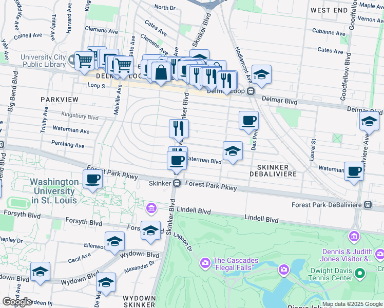 map of restaurants, bars, coffee shops, grocery stores, and more near 6186 Waterman Boulevard in St. Louis