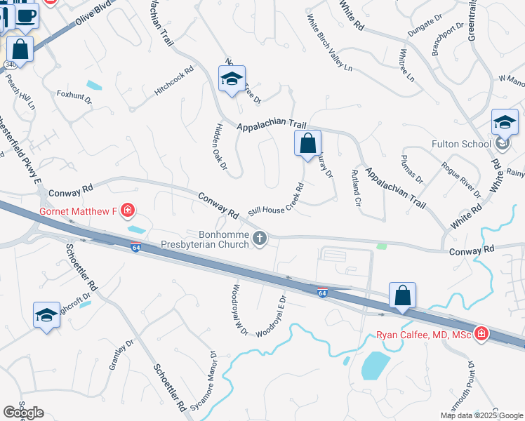 map of restaurants, bars, coffee shops, grocery stores, and more near 14859 Conway Road in Chesterfield