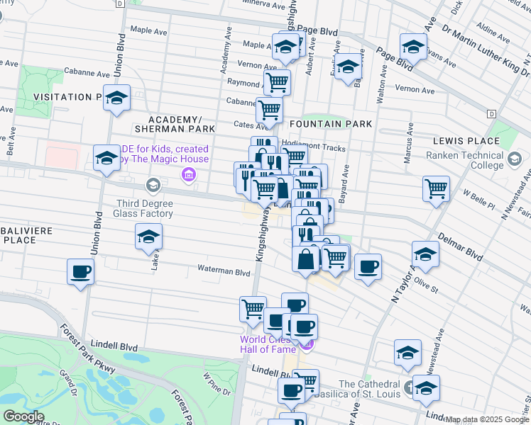 map of restaurants, bars, coffee shops, grocery stores, and more near 302 North Kingshighway Boulevard in St. Louis