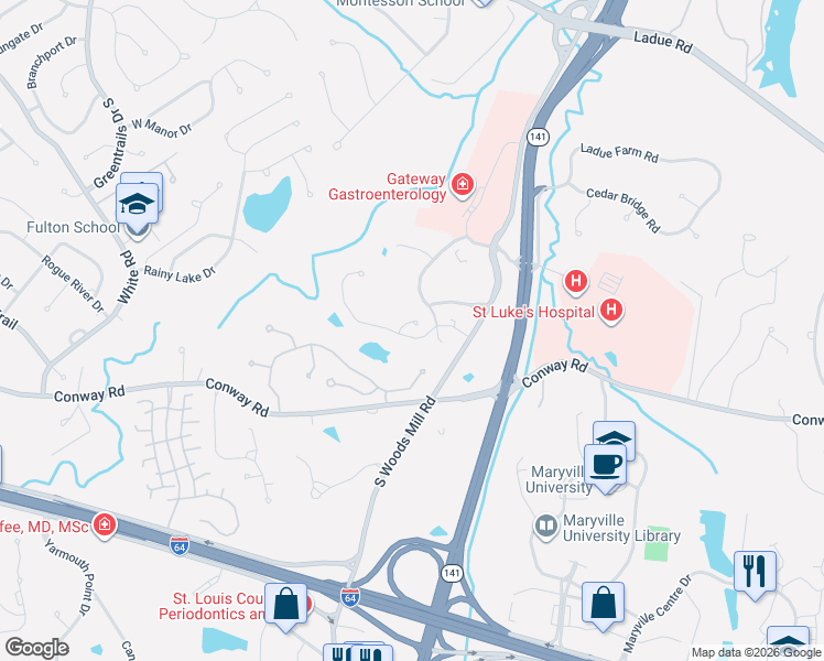 map of restaurants, bars, coffee shops, grocery stores, and more near 14064 Woods Mill Cove Drive in Chesterfield