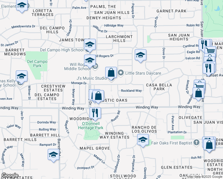 map of restaurants, bars, coffee shops, grocery stores, and more near 4720 Dewey Orchard Court in Fair Oaks