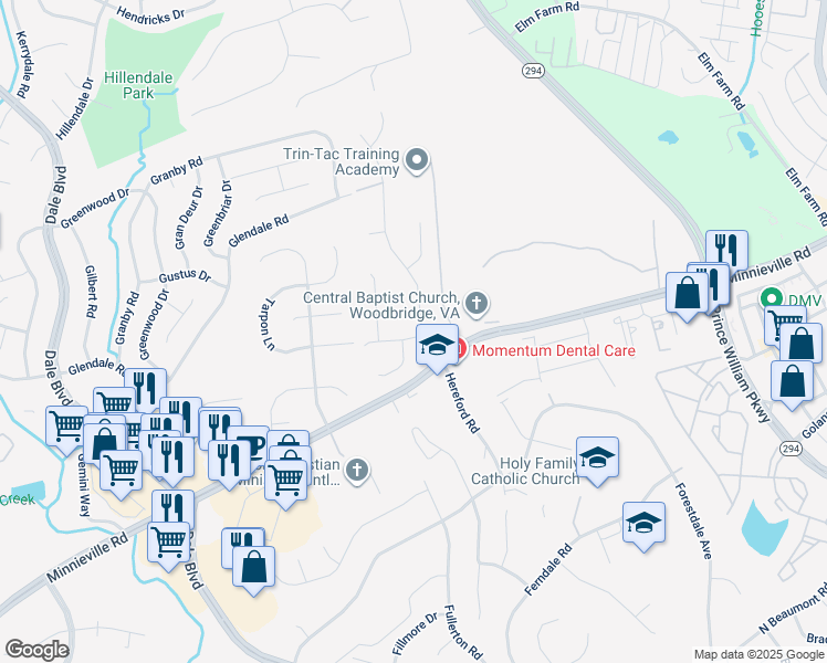 map of restaurants, bars, coffee shops, grocery stores, and more near 13926 Andorra Drive in Woodbridge
