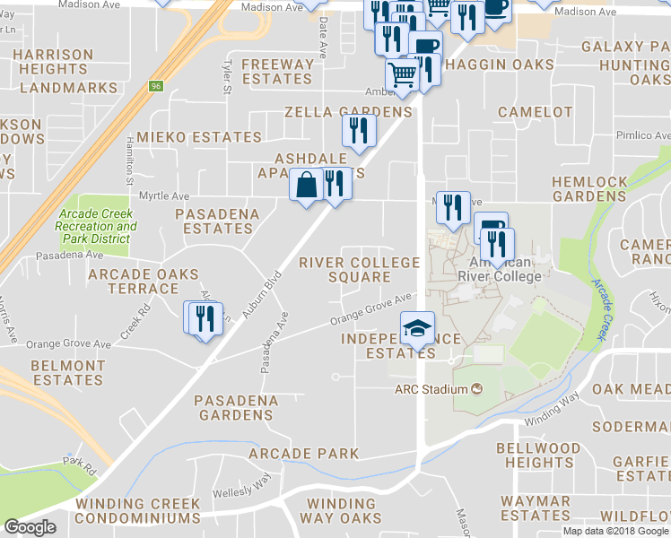 map of restaurants, bars, coffee shops, grocery stores, and more near 4716 Xavier Court in Sacramento
