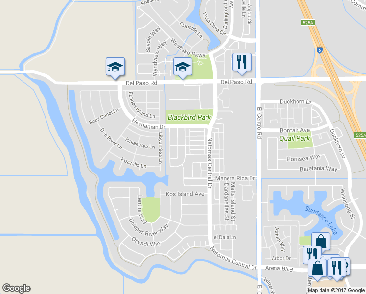 map of restaurants, bars, coffee shops, grocery stores, and more near 260 Alboran Sea Circle in Sacramento