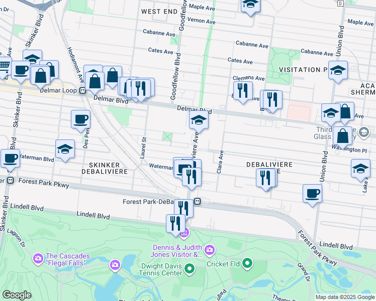 map of restaurants, bars, coffee shops, grocery stores, and more near 5708 Kingsbury Place in Saint Louis