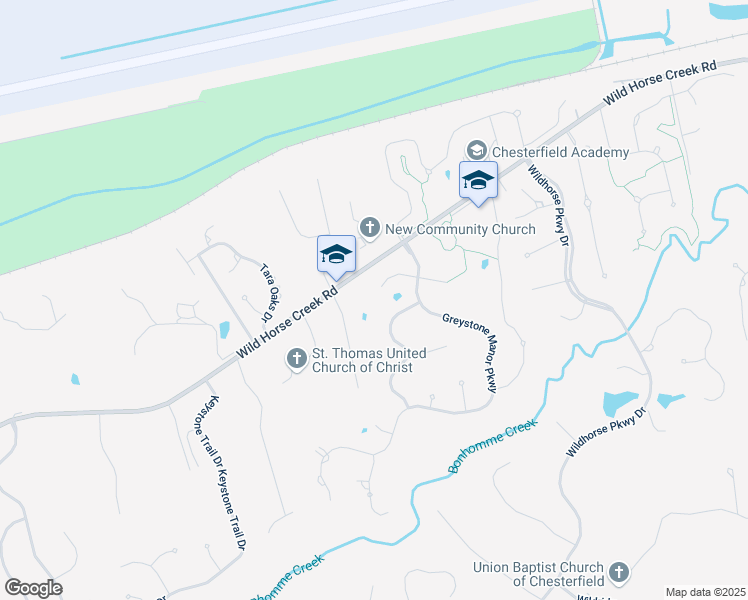 map of restaurants, bars, coffee shops, grocery stores, and more near 17919 Bonhomme Ridge Court in Chesterfield