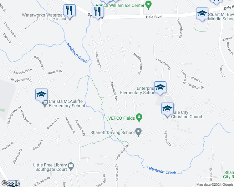 map of restaurants, bars, coffee shops, grocery stores, and more near 13848 Meadowbrook Road in Woodbridge