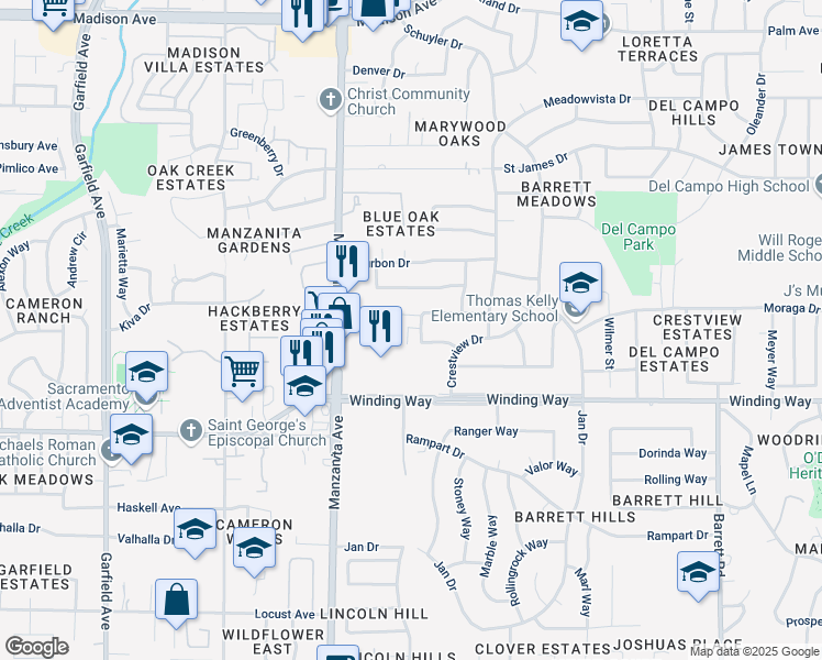 map of restaurants, bars, coffee shops, grocery stores, and more near 6017 Winding Way in Carmichael