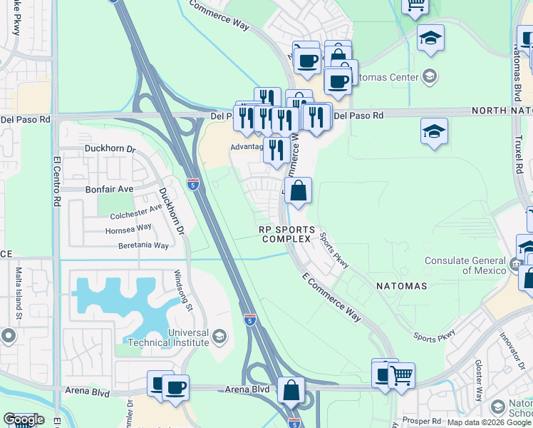 map of restaurants, bars, coffee shops, grocery stores, and more near 4371 Garonne Walk in Sacramento