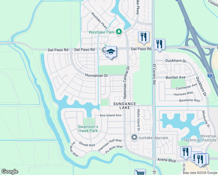 map of restaurants, bars, coffee shops, grocery stores, and more near 260 Alboran Sea Circle in Sacramento