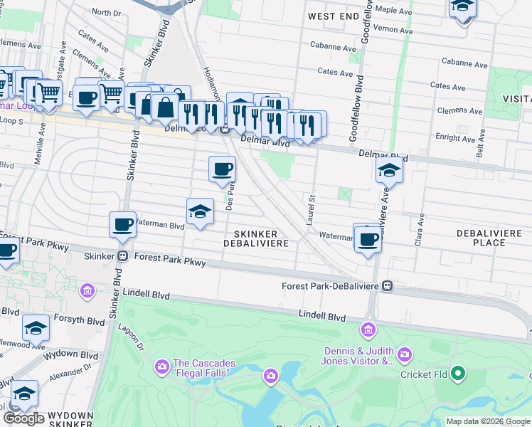 map of restaurants, bars, coffee shops, grocery stores, and more near in St. Louis