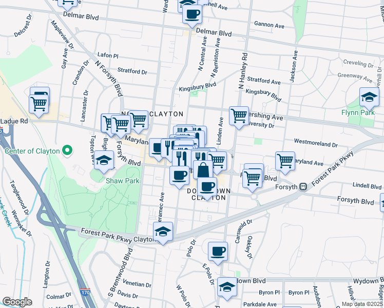 map of restaurants, bars, coffee shops, grocery stores, and more near in Clayton