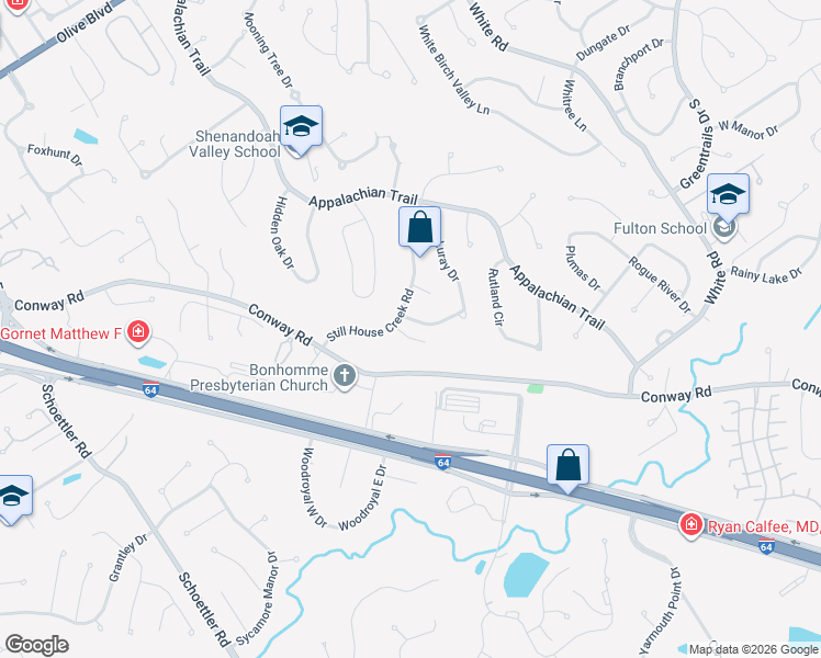 map of restaurants, bars, coffee shops, grocery stores, and more near 1350 Still House Creek Road in Chesterfield