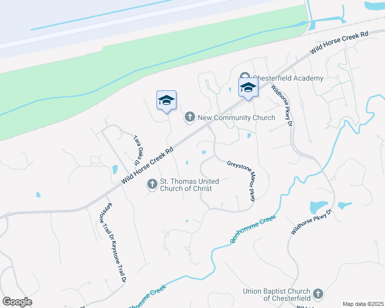 map of restaurants, bars, coffee shops, grocery stores, and more near 17919 Bonhomme Ridge Court in Chesterfield
