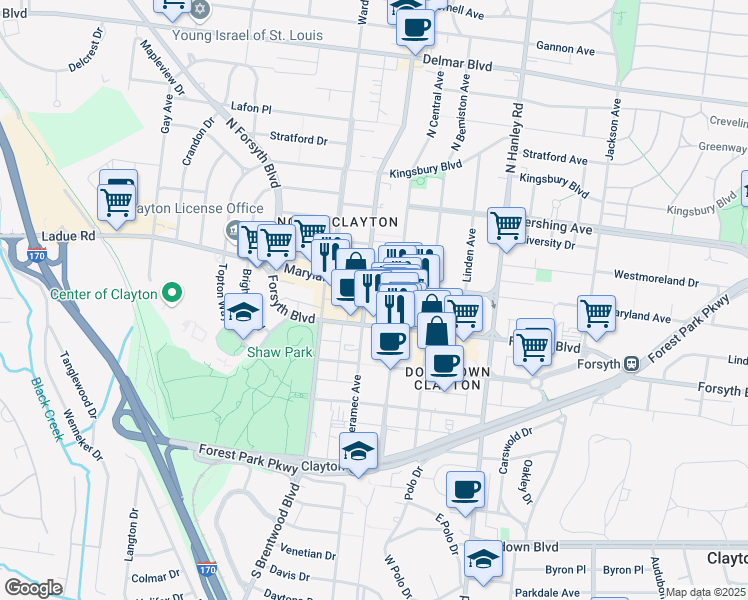 map of restaurants, bars, coffee shops, grocery stores, and more near 18 North Meramec Avenue in Clayton