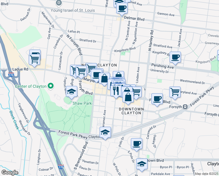 map of restaurants, bars, coffee shops, grocery stores, and more near 18 North Meramec Avenue in Clayton