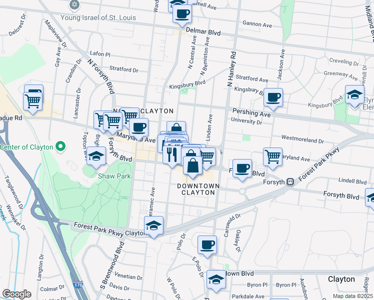 map of restaurants, bars, coffee shops, grocery stores, and more near 7800 Maryland Avenue in Clayton