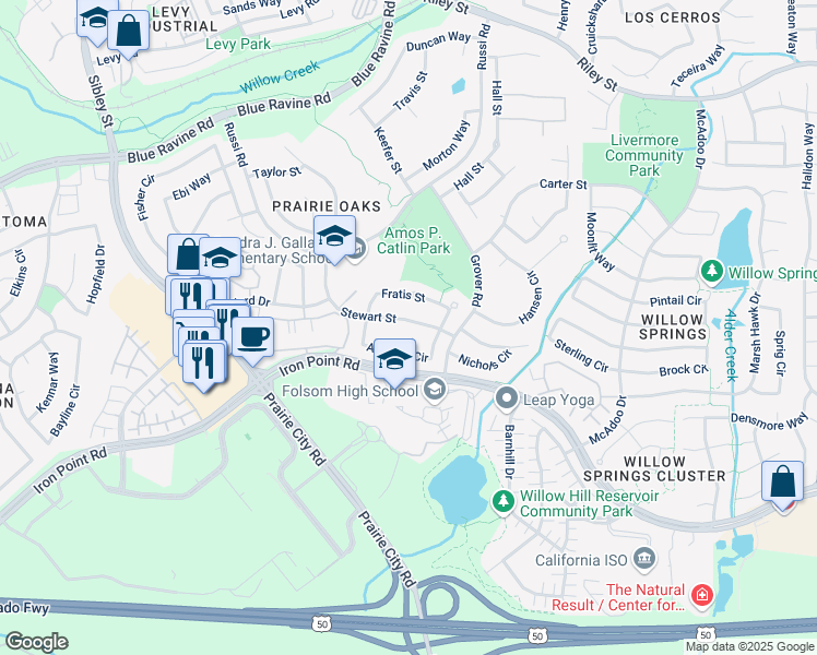 map of restaurants, bars, coffee shops, grocery stores, and more near 691 Agostini Circle in Folsom