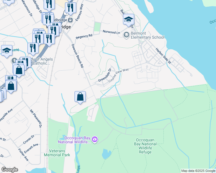 map of restaurants, bars, coffee shops, grocery stores, and more near 13895 Gullane Drive in Woodbridge