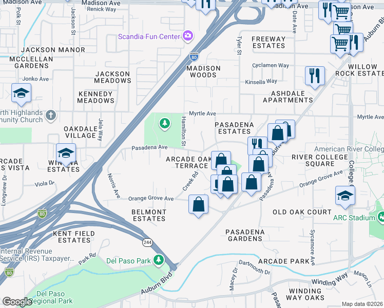 map of restaurants, bars, coffee shops, grocery stores, and more near 4701 Creek Road in Sacramento