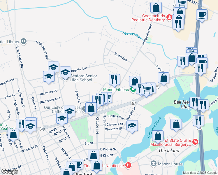 map of restaurants, bars, coffee shops, grocery stores, and more near 17 North Street Extension in Seaford