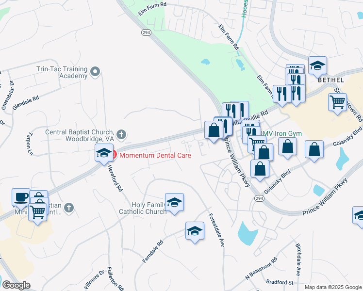 map of restaurants, bars, coffee shops, grocery stores, and more near 13900 Hedgewood Drive in Woodbridge