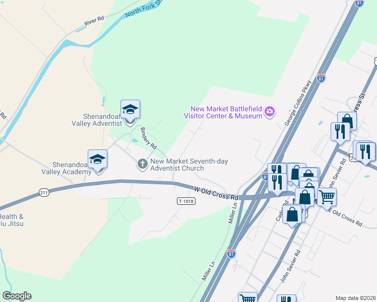 map of restaurants, bars, coffee shops, grocery stores, and more near 9530 Shenandoah Drive in New Market