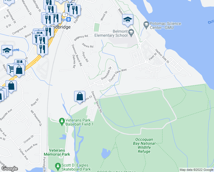 map of restaurants, bars, coffee shops, grocery stores, and more near 13895 Gullane Drive in Woodbridge