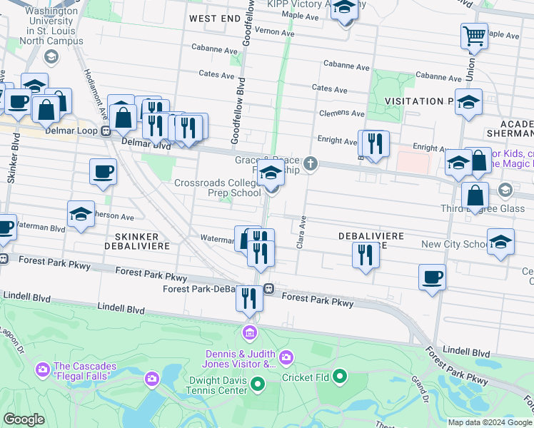 map of restaurants, bars, coffee shops, grocery stores, and more near 500 DeBaliviere Avenue in Saint Louis
