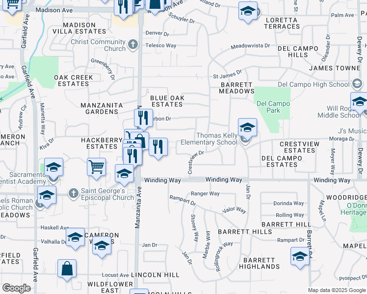 map of restaurants, bars, coffee shops, grocery stores, and more near 6043 Northcrest Circle in Carmichael