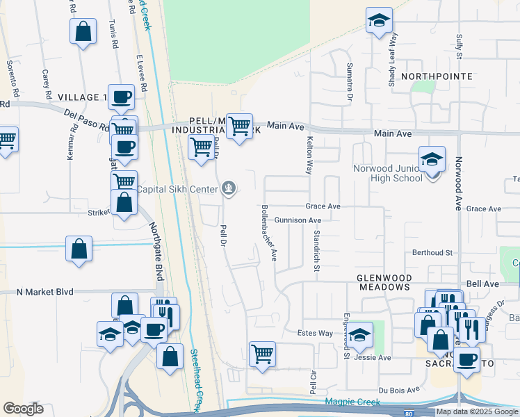 map of restaurants, bars, coffee shops, grocery stores, and more near 108 Loveland Way in Sacramento