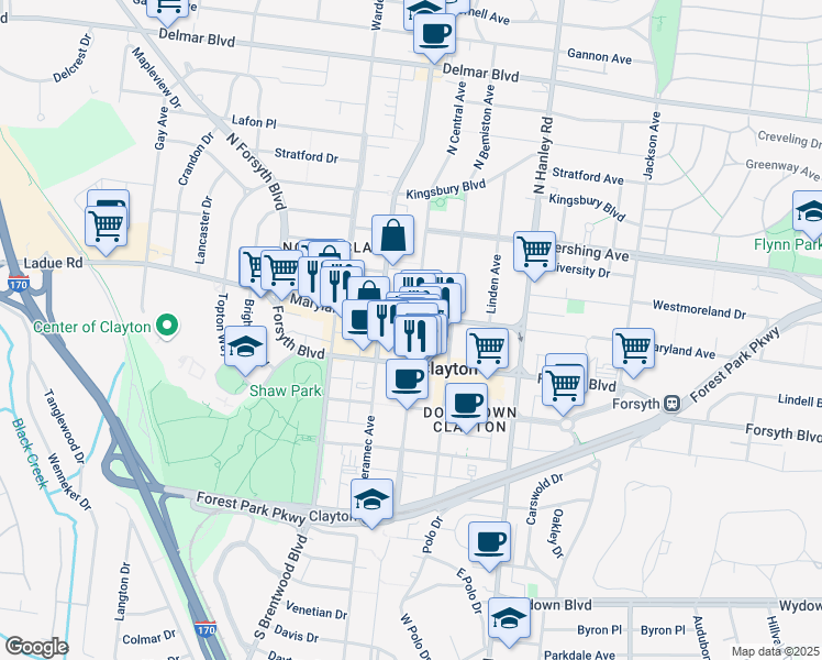 map of restaurants, bars, coffee shops, grocery stores, and more near 106 North Meramec Avenue in Clayton
